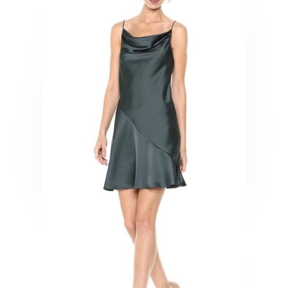 Halston Heritage Cowl Neck Asymmetric Satin Slip Dress size 6 Abyss Green - Picture 1 of 7